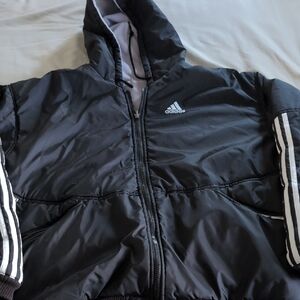 Adidas Black Hooded Jacket with Striped Sleeves